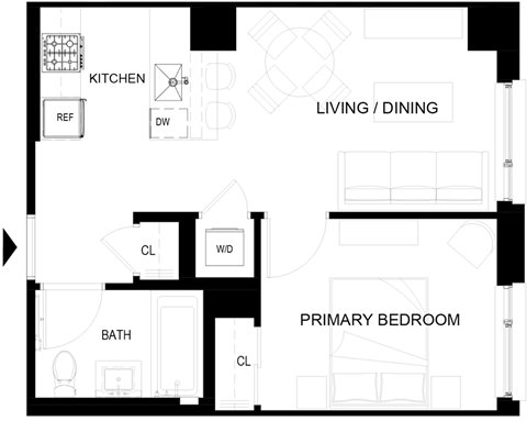 Floor plan for 1 bed, 1 bath, 455 sqft
